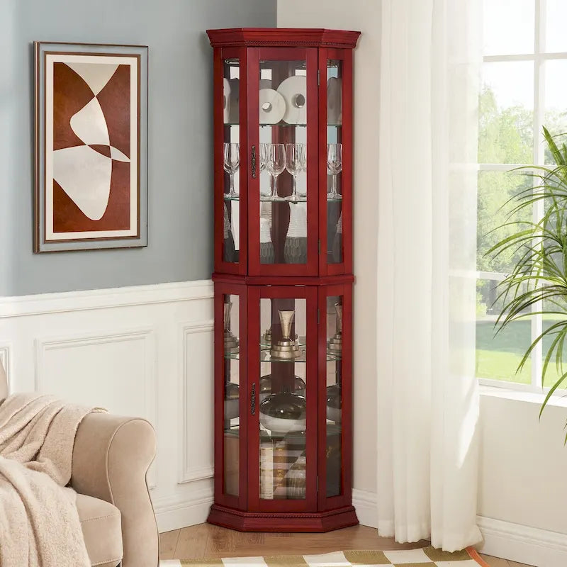 Vitrine d'angle haute avec intérieur éclairé, fond miroir et étagères en verre réglables