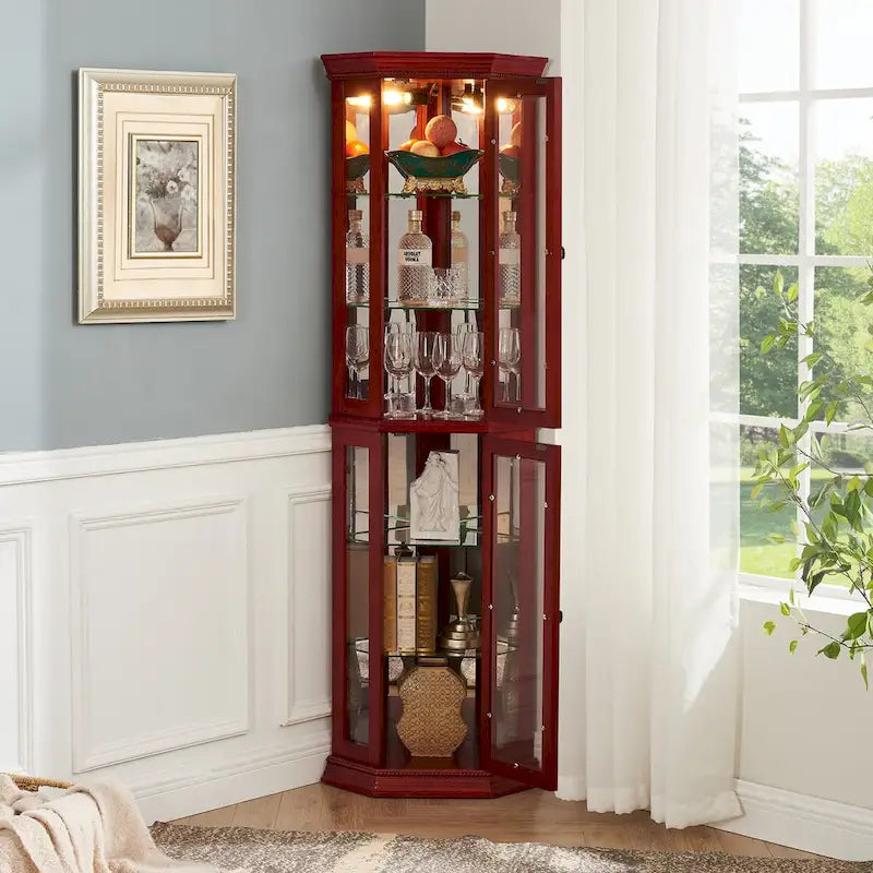 Vitrine d'angle haute avec intérieur éclairé, fond miroir et étagères en verre réglables