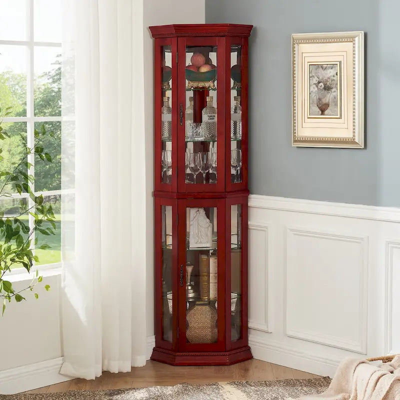 Vitrine d'angle haute avec intérieur éclairé, fond miroir et étagères en verre réglables