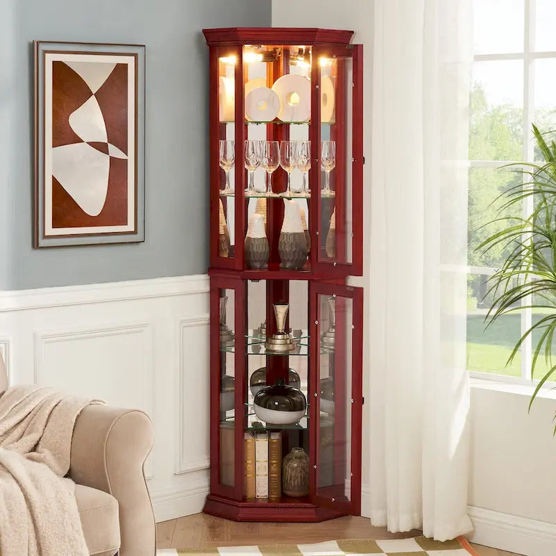 Vitrine d'angle haute avec intérieur éclairé, fond miroir et étagères en verre réglables