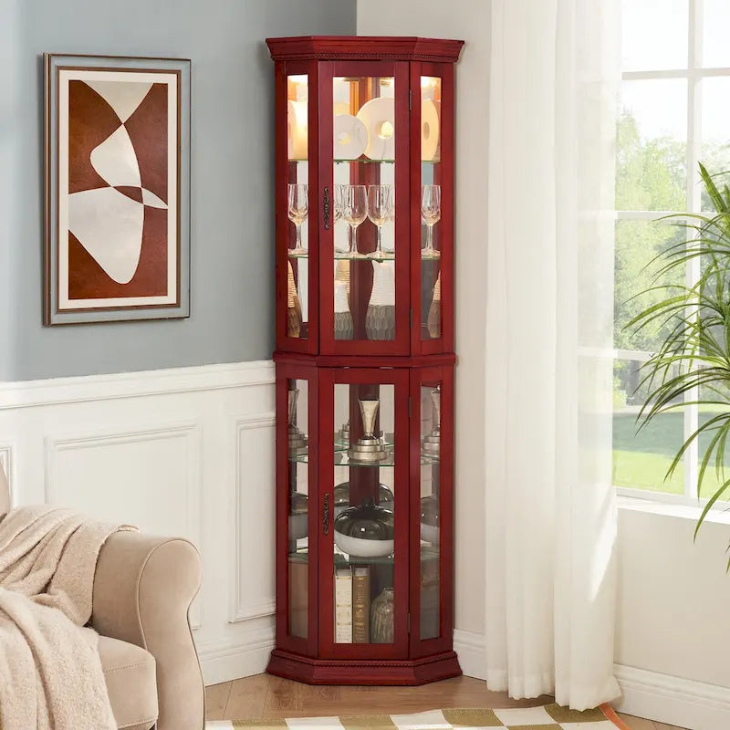 Vitrine d'angle haute avec intérieur éclairé, fond miroir et étagères en verre réglables