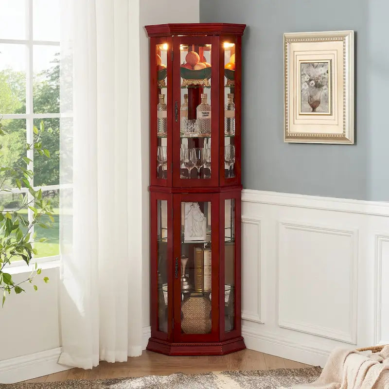 Vitrine d'angle haute avec intérieur éclairé, fond miroir et étagères en verre réglables