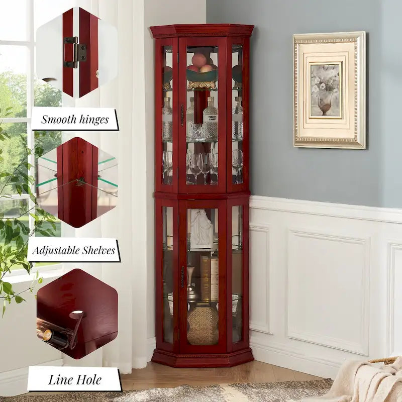 Vitrine d'angle haute avec intérieur éclairé, fond miroir et étagères en verre réglables