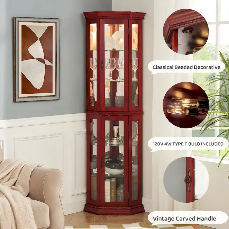 Vitrine d'angle haute avec intérieur éclairé, fond miroir et étagères en verre réglables