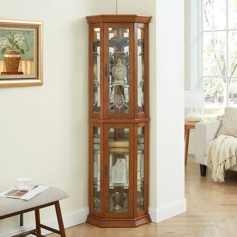 Vitrine d'angle haute avec intérieur éclairé, fond miroir et étagères en verre réglables