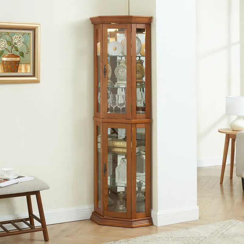 Vitrine d'angle haute avec intérieur éclairé, fond miroir et étagères en verre réglables