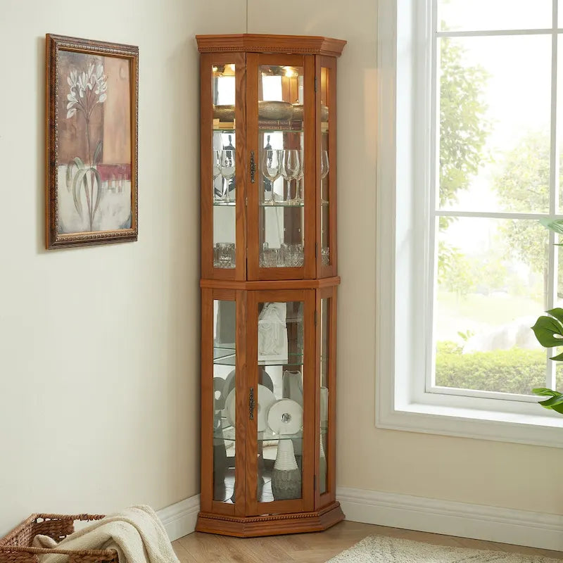 Vitrine d'angle haute avec intérieur éclairé, fond miroir et étagères en verre réglables
