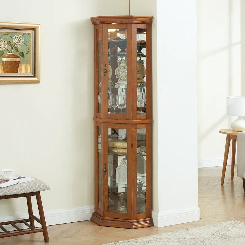 Vitrine d'angle haute avec intérieur éclairé, fond miroir et étagères en verre réglables