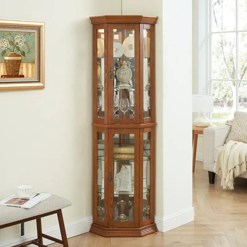 Vitrine d'angle haute avec intérieur éclairé, fond miroir et étagères en verre réglables