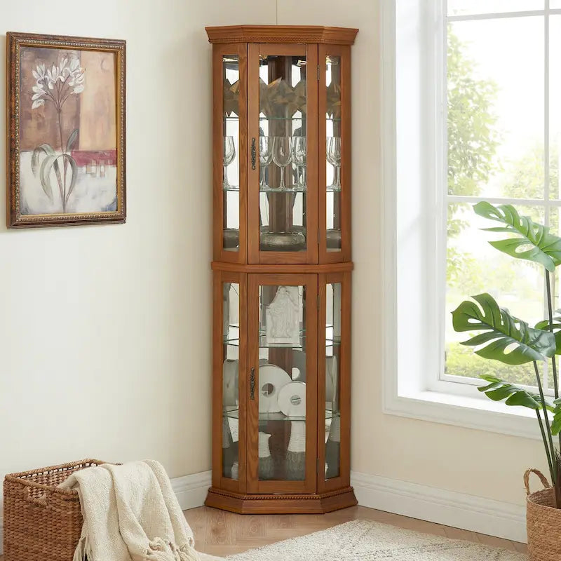 Vitrine d'angle haute avec intérieur éclairé, fond miroir et étagères en verre réglables