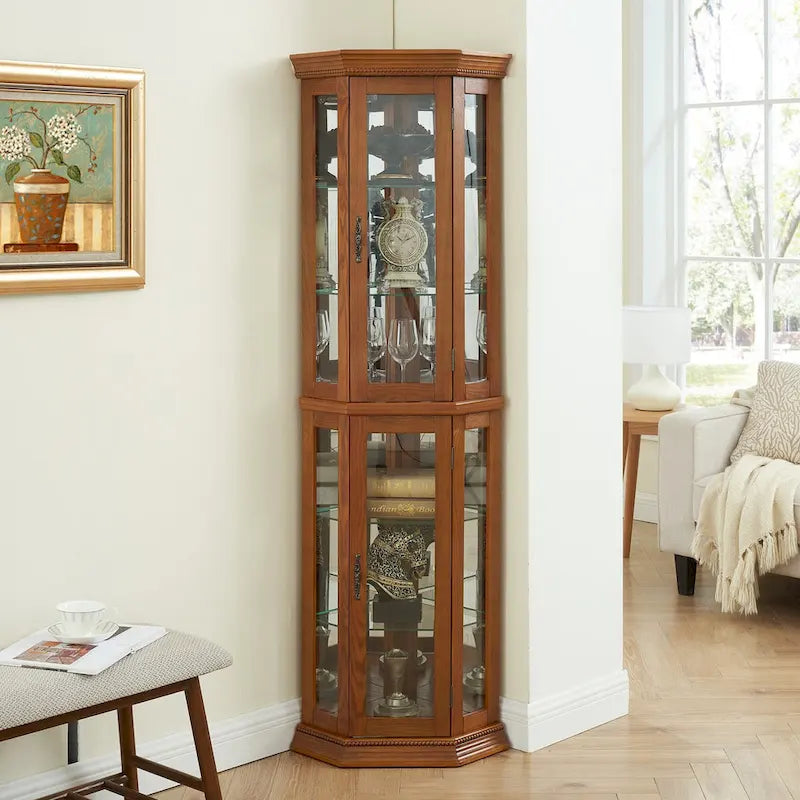 Vitrine d'angle haute avec intérieur éclairé, fond miroir et étagères en verre réglables
