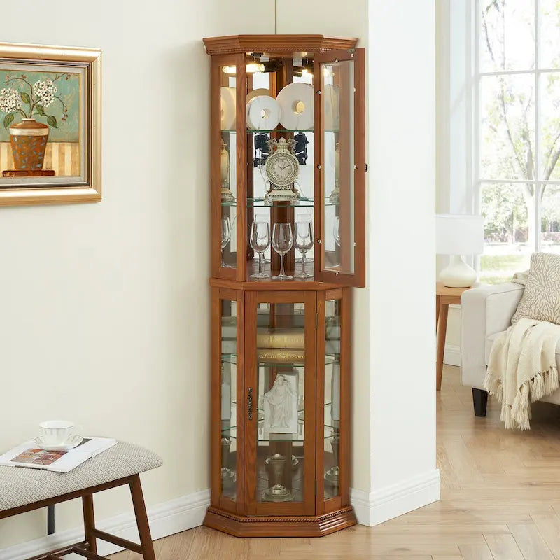 Vitrine d'angle haute avec intérieur éclairé, fond miroir et étagères en verre réglables