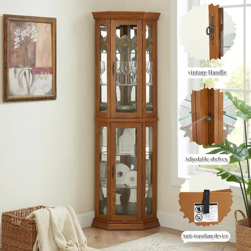 Vitrine d'angle haute avec intérieur éclairé, fond miroir et étagères en verre réglables
