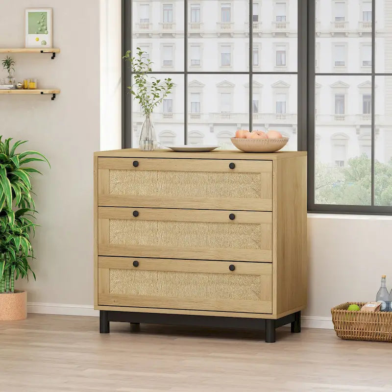 Commode à 3 tiroirs en chêne avec façades de tiroirs en corde tressée et pieds en métal