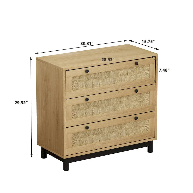Commode à 3 tiroirs en chêne avec façades de tiroirs en corde tressée et pieds en métal