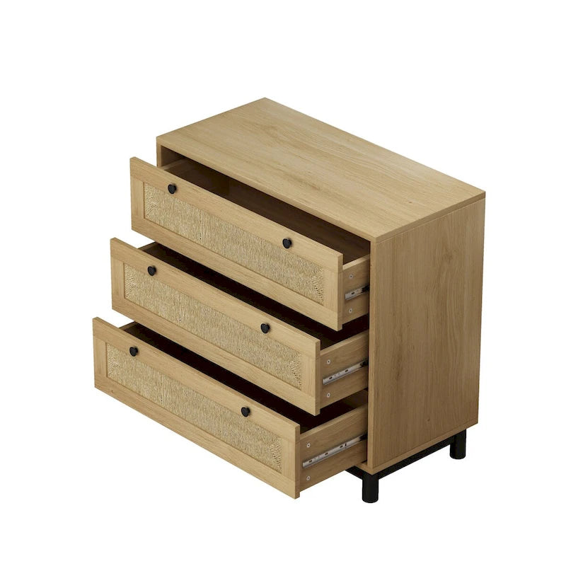Commode à 3 tiroirs en chêne avec façades de tiroirs en corde tressée et pieds en métal