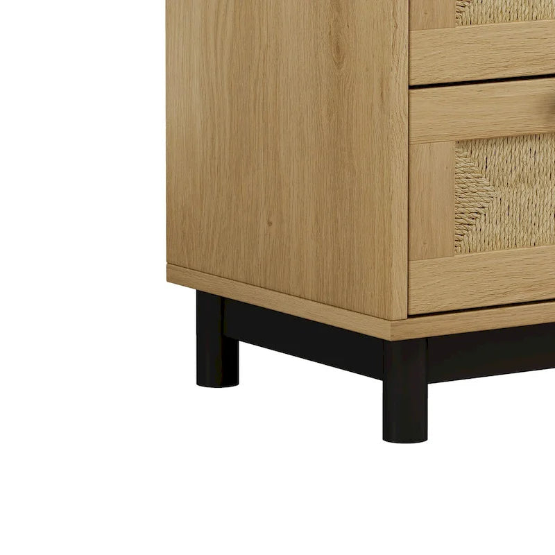 Commode à 3 tiroirs en chêne avec façades de tiroirs en corde tressée et pieds en métal