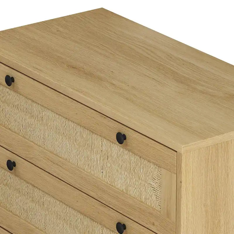 Commode à 3 tiroirs en chêne avec façades de tiroirs en corde tressée et pieds en métal