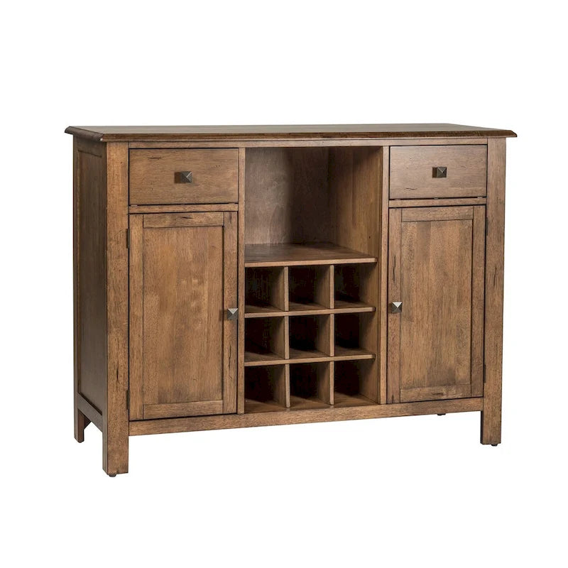 Buffet de salle à manger en bois d'hévéa couleur miel vieilli avec rangement pour vin et tiroirs