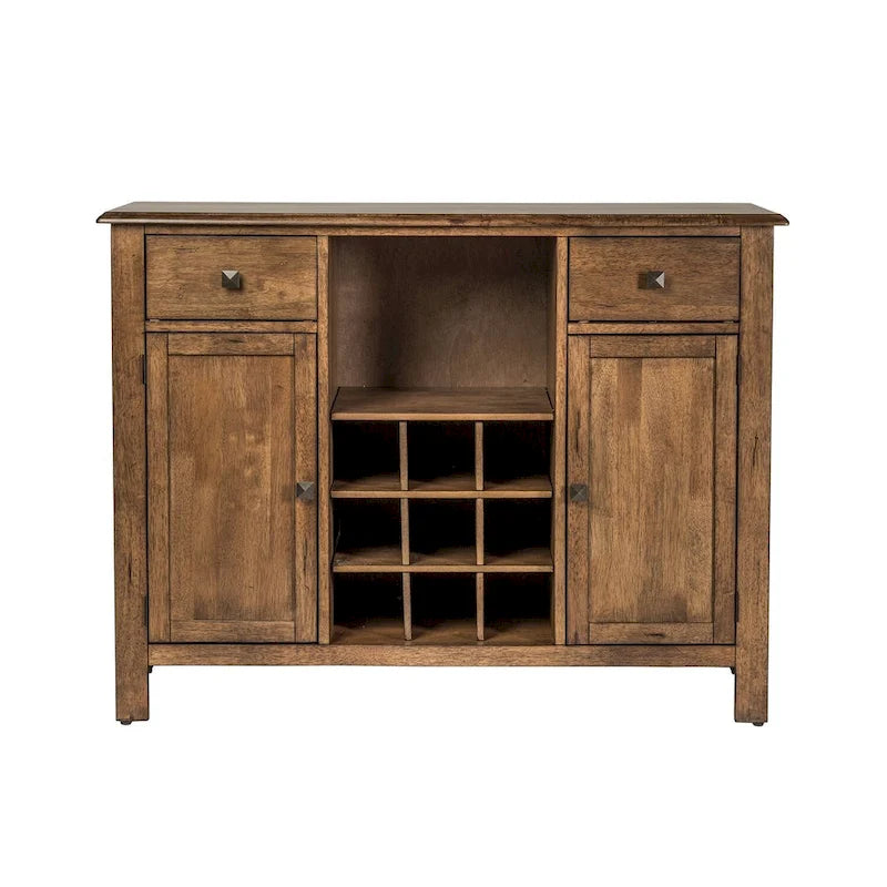 Buffet de salle à manger en bois d'hévéa couleur miel vieilli avec rangement pour vin et tiroirs