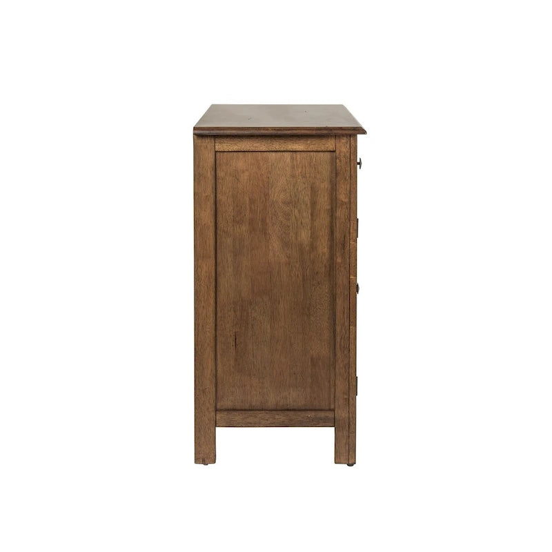 Buffet de salle à manger en bois d'hévéa couleur miel vieilli avec rangement pour vin et tiroirs