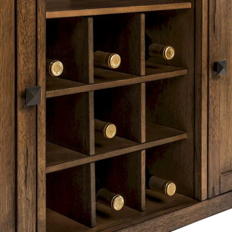 Buffet de salle à manger en bois d'hévéa couleur miel vieilli avec rangement pour vin et tiroirs