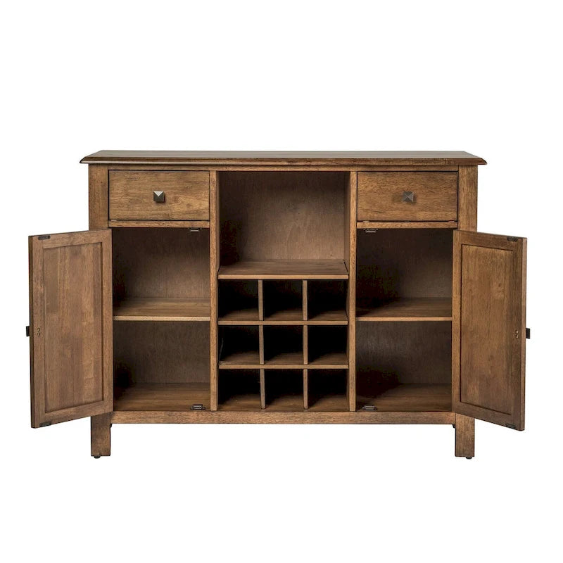 Buffet de salle à manger en bois d'hévéa couleur miel vieilli avec rangement pour vin et tiroirs