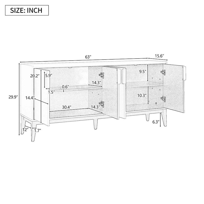 Buffet moderne blanc avec 4 portes et étagères réglables