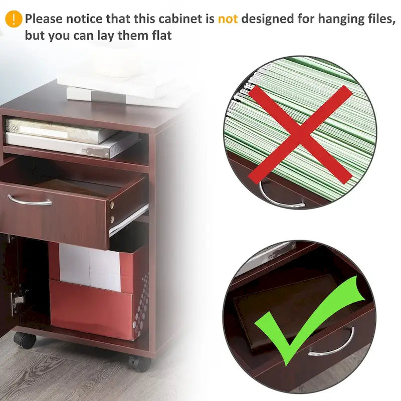 Meuble support d'imprimante mobile avec 1 tiroir, 1 placard, une étagère ouverte et 4 roulettes