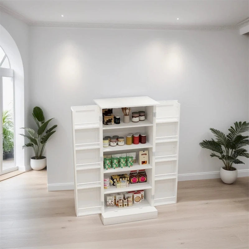 Meuble de cuisine blanc autoportant avec éclairage LED et étagères de porte