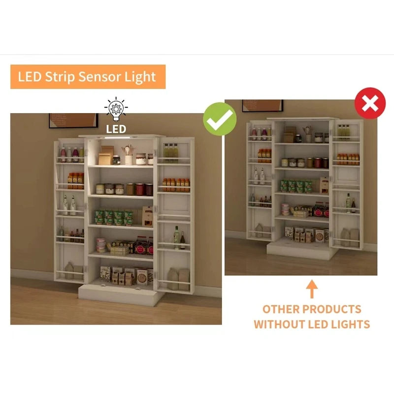 Meuble de cuisine blanc autoportant avec éclairage LED et étagères de porte