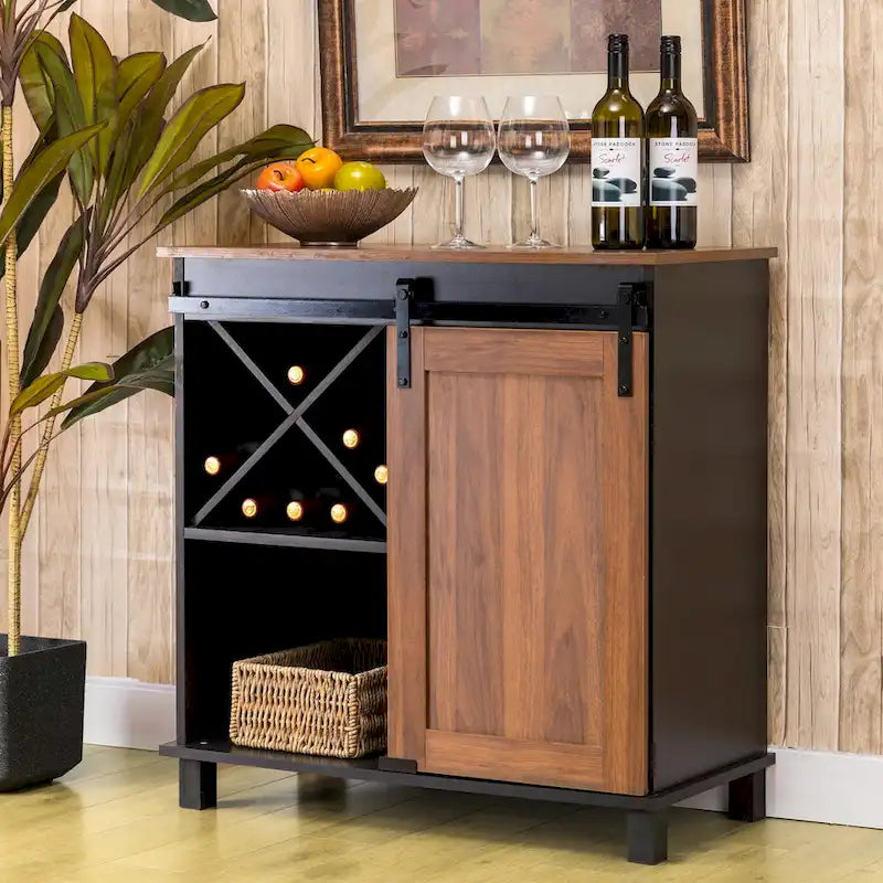 Meuble de Bar Industriel Mid-Century avec Casier à Vin en X, 2 Tiroirs et Porte Coulissante Façon Grange