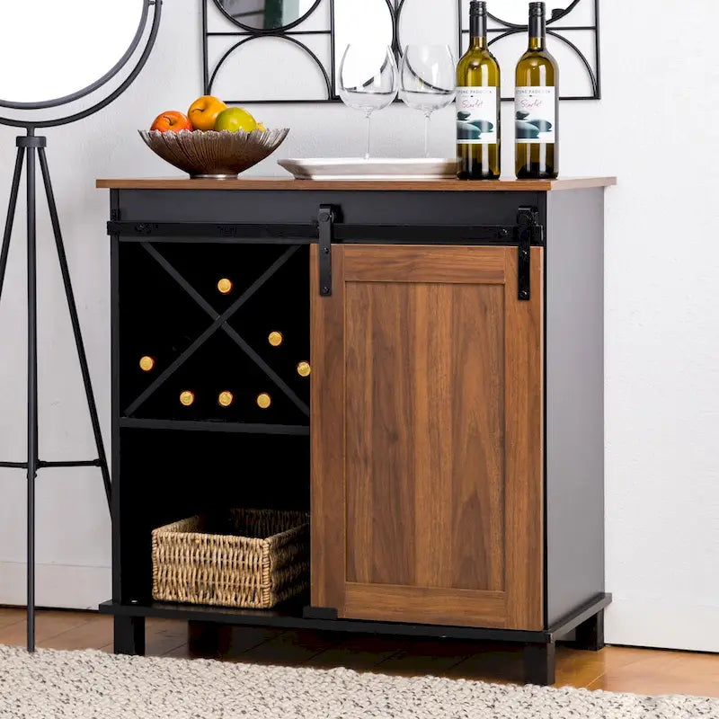 Meuble de Bar Industriel Mid-Century avec Casier à Vin en X, 2 Tiroirs et Porte Coulissante Façon Grange
