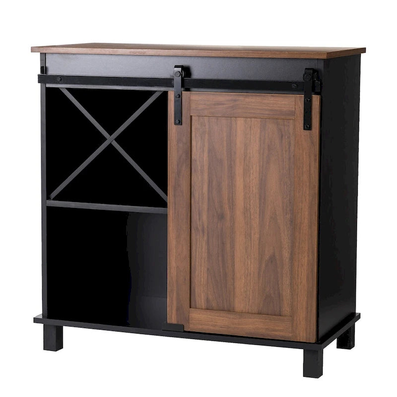 Meuble de Bar Industriel Mid-Century avec Casier à Vin en X, 2 Tiroirs et Porte Coulissante Façon Grange