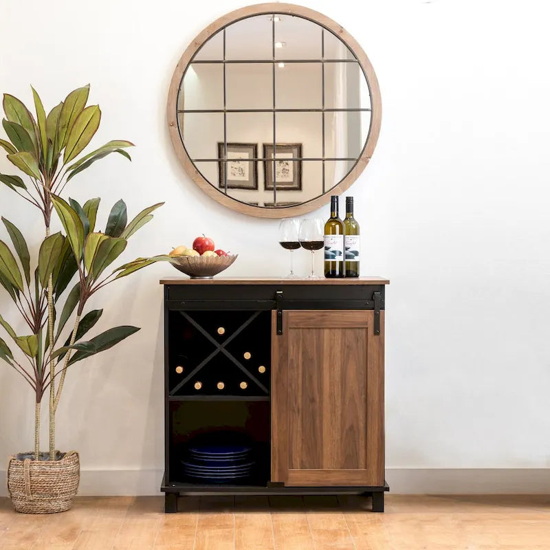 Meuble de Bar Industriel Mid-Century avec Casier à Vin en X, 2 Tiroirs et Porte Coulissante Façon Grange