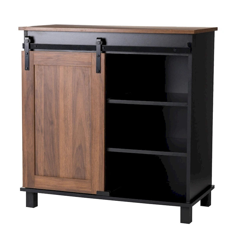 Meuble de Bar Industriel Mid-Century avec Casier à Vin en X, 2 Tiroirs et Porte Coulissante Façon Grange