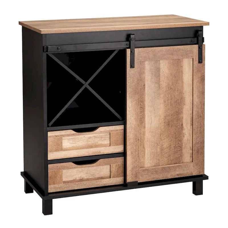 Meuble de Bar Industriel Mid-Century avec Casier à Vin en X, 2 Tiroirs et Porte Coulissante Façon Grange