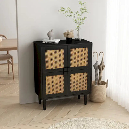 Meuble de rangement 4 portes en rotin avec 8 étagères et pieds en bois massif