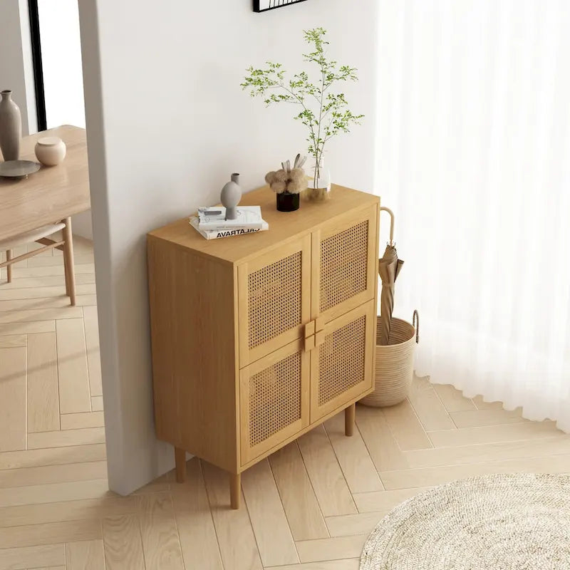 Meuble de rangement 4 portes en rotin avec 8 étagères et pieds en bois massif