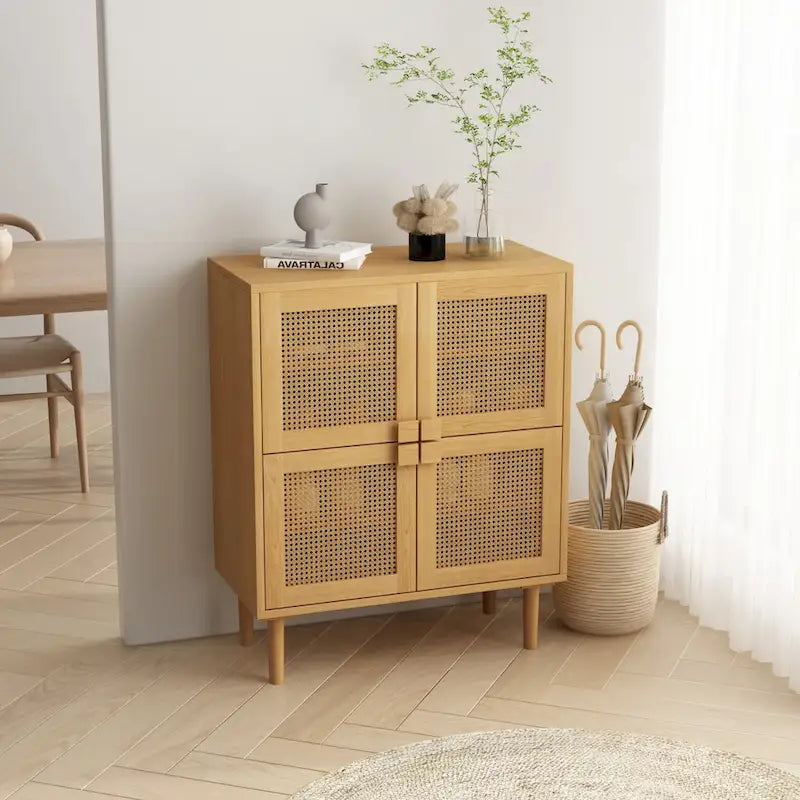 Meuble de rangement 4 portes en rotin avec 8 étagères et pieds en bois massif