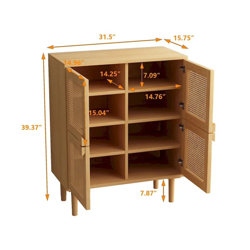 Meuble de rangement 4 portes en rotin avec 8 étagères et pieds en bois massif