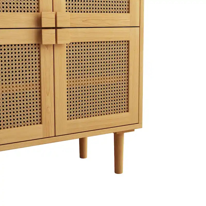 Meuble de rangement 4 portes en rotin avec 8 étagères et pieds en bois massif