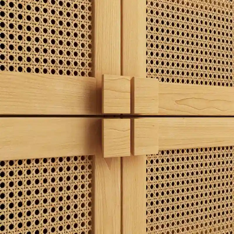 Meuble de rangement 4 portes en rotin avec 8 étagères et pieds en bois massif