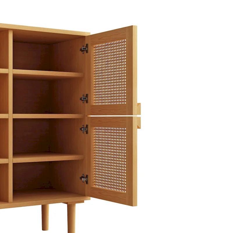 Meuble de rangement 4 portes en rotin avec 8 étagères et pieds en bois massif