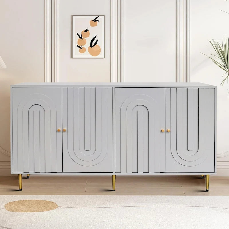 Buffet Art déco avec panneaux de porte en relief cintré, pieds dorés et support central
