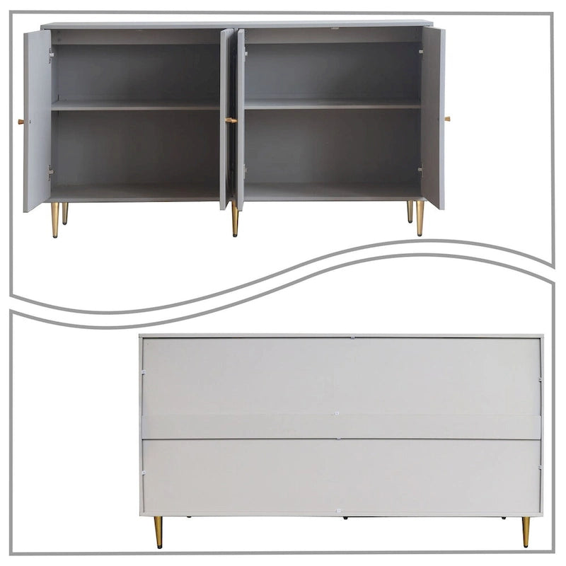 Buffet Art déco avec panneaux de porte en relief cintré, pieds dorés et support central