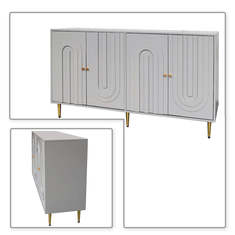 Buffet Art déco avec panneaux de porte en relief cintré, pieds dorés et support central