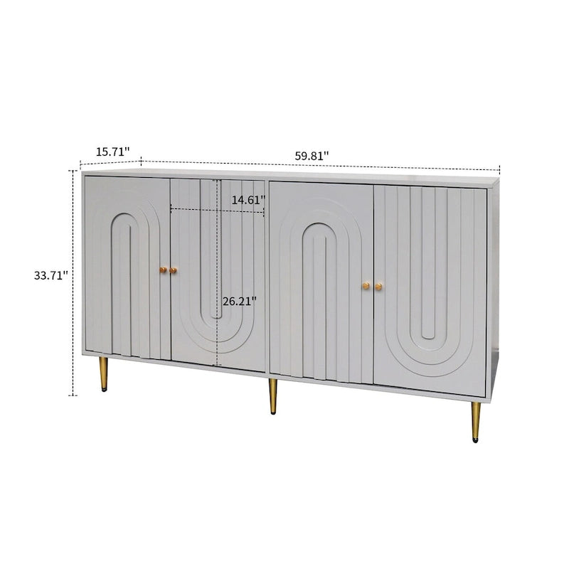 Buffet Art déco avec panneaux de porte en relief cintré, pieds dorés et support central
