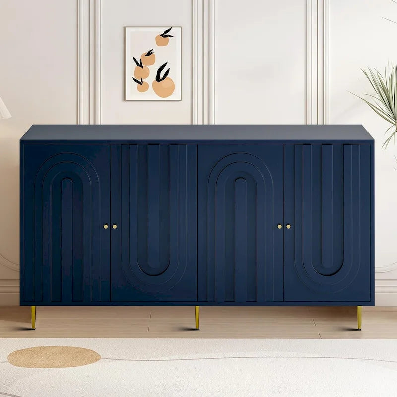 Buffet Art déco avec panneaux de porte en relief cintré, pieds dorés et support central