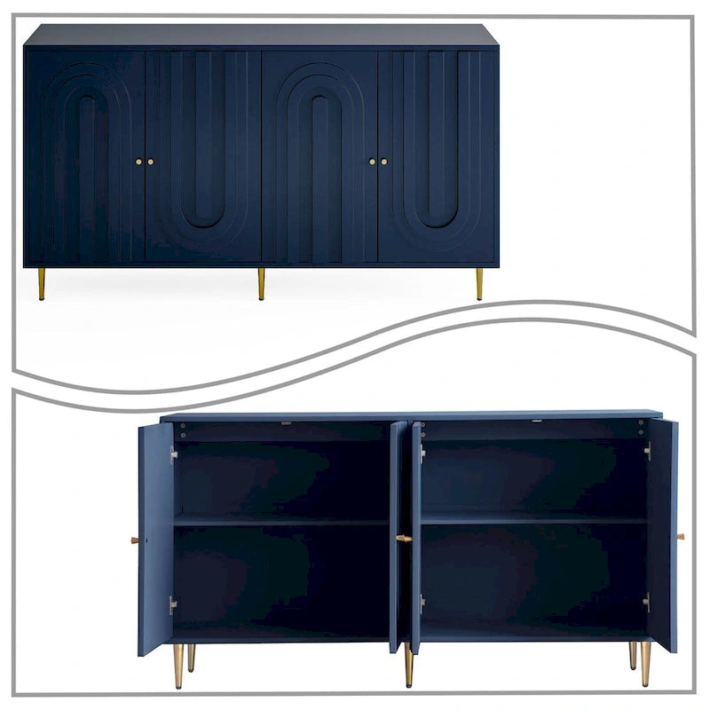 Buffet Art déco avec panneaux de porte en relief cintré, pieds dorés et support central